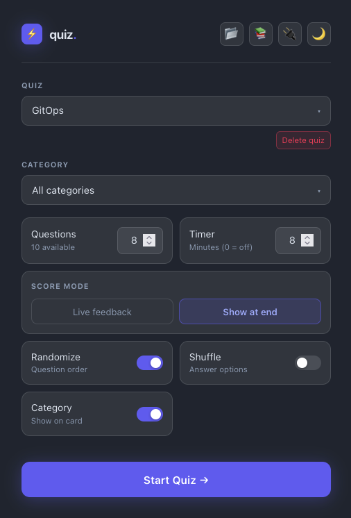 Quiz settings panel with numbered annotations